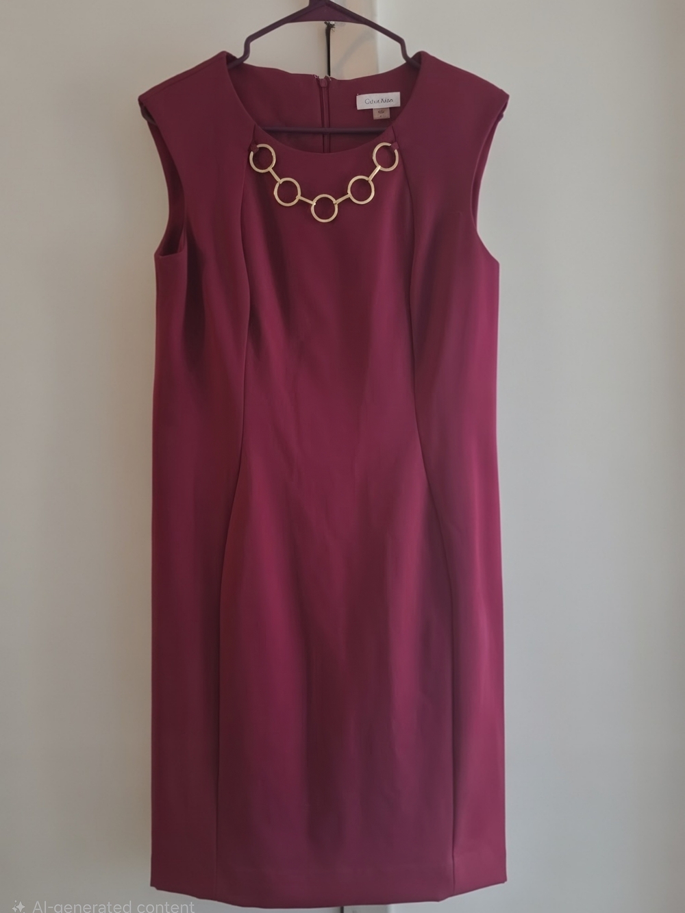 Calvin Klein Burgundy Sleeveless Sheath Dress with Gold Chain Detail